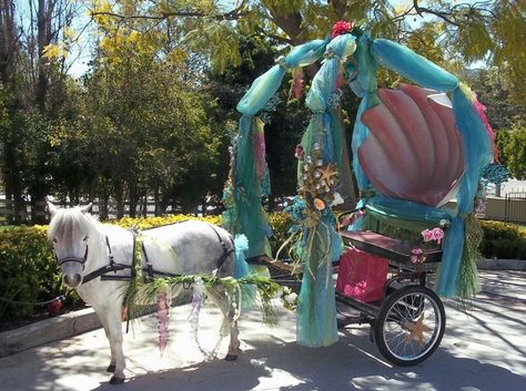 Pony pulling a mermaid style carriage Pony Carriage, Mini Horse Cart, Pony Cart, Mini Ponies, Horse Driving, Horse Halloween Costumes, Horse Halloween, Horse Costume, Mini Horses