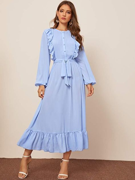 Blue Modest Dress Hijab, Blue Button-up Maxi Dress For Casual Wear, Washed Blue Long-sleeve Dresses With Pockets, Dresses With Belts, Summer Long-sleeve Maxi Dress With Ruffle Hem, Blue Long-sleeve Dress With Ruffle Hem, Muslim Fashion Hijab Outfits, Modest Fashion Hijab, Mode Turban