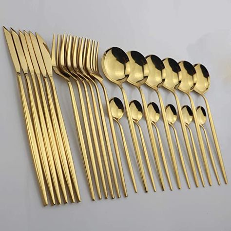 AmazonSmile | JANKNG 24-Piece Flatware Set, 18/0 Stainless Steel Knife Fork Spoon Teaspoon Silverware Set, Service for 6, MIrror Gold: Flatware Sets Cheap Dinnerware Sets, Gold Cutlery Set, Black Dinner, Gold Dinnerware, Gold Cutlery, Cool Mirrors, Knife And Fork, Stainless Steel Cutlery, Tableware Set