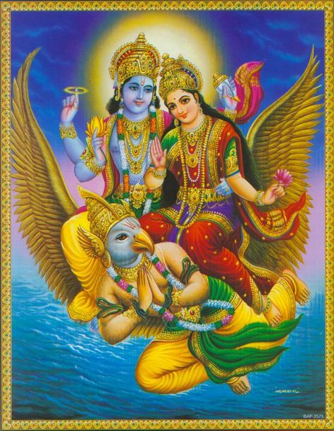 Lord Vishnu and Goddess Lakshmi riding on Garuda Vishnu Maya, God And Goddess, Ram Sita, Lord Hanuman Wallpapers, Lakshmi Images, Hanuman Wallpaper, Lord Vishnu Wallpapers, Hindu Mythology, Ganesha Pictures