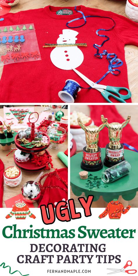 Tips to get creative with friends by turning plain sweaters into festive masterpieces at a DIY Ugly Christmas Sweater Decorating Craft Party! Get details and more holiday party inspiration now at www.fernandmaple.com. Ugly Christmas Shirts Diy, Ugly Christmas Sweater Ideas For Kids, Ugly Sweater Decorations, Pregnant Christmas Sweater, Diy Christmas Ugly Sweater Ideas, How To Make An Ugly Christmas Sweater, Diy Ugly Christmas Sweaters Easy, Diy Ugly Christmas Sweaters For Kids, Tacky Christmas Sweater Diy