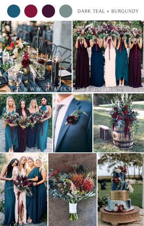 Dark Teal and Burgundy Jewel-Toned Wedding Color Ideas    #wedding #weddingcolors #weddingideas Wedding Color Pallet, Wedding Color Combos, Jewel Tone Wedding, Winter Wedding Decorations, Wedding Color Inspiration, Wedding Colors Blue, Teal Wedding, Wedding Theme Colors, Wedding Color Palette