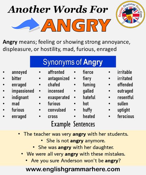 Another word for Angry, What is another, synonym word for Angry Every language spoken around the world has its own characteristics. When learning a new language, it will be very useful to learn words for that language. In addition, in a language learning process, learning the words together with their synonyms will be even more useful when memorizing words. Learning a word with its synonyms increases our competence in that language. It helps us speak more fluently and clearly. +800 Synonym ... More Synonyms For Angry, Synonyms For Angry, Angry Synonym, Words For Angry, Vocabulary Improvement, Thesaurus Words, English Synonyms, Words To Describe People, Word Association