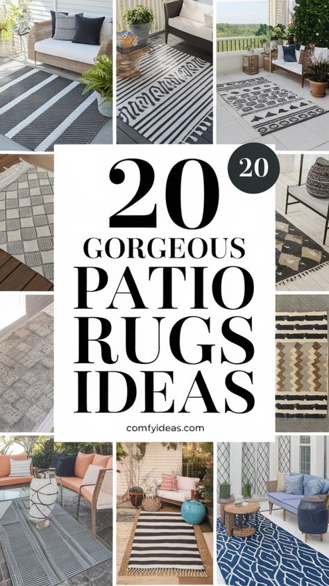 Add charm and comfort to your patio with these 20 gorgeous rugs. From bold patterns to neutral tones, these options are perfect for creating a cozy, stylish outdoor retreat you’ll never want to leave. Outdoor Patio Rugs Seating Areas, Outdoor Patio Rug Ideas, Deck Rugs Outdoor Ideas, Colorful Outdoor Rugs, Outdoor Rugs Patio Ideas, Patio Rugs Outdoor, Outdoor Rug Patio, Modern Outdoor Dining Sets, Mid Century Outdoor