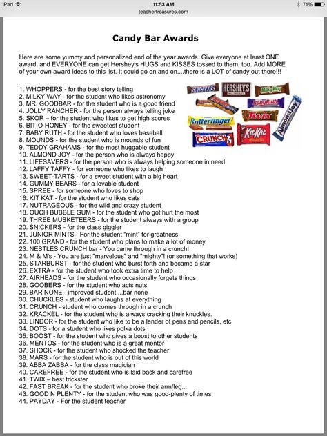 Classroom Candy Awards, Candy Awards For Employees, Candy Awards For Students, Candy Bar Awards For Students, Superlatives Awards, Candy Awards, Work Awards, Candy Bar Awards, Candy Bar Gifts