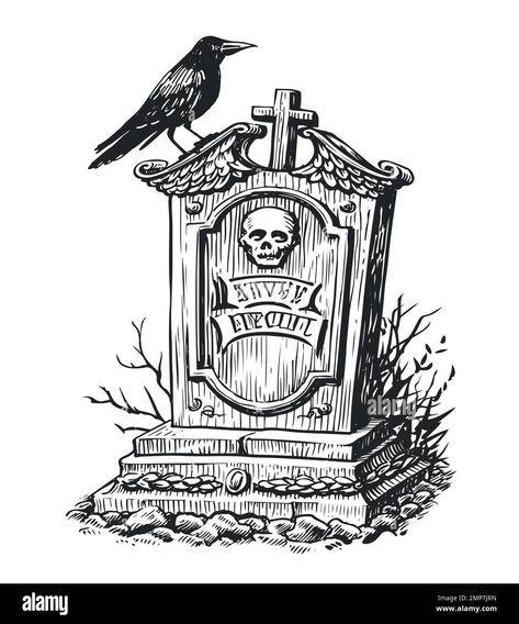 Rip Drawing Ideas Easy, Raven Sketch, Tombstone Tattoo, Bff Tattoos, Hand Drawn Vector Illustrations, Halloween Drawings, Hand Drawn Vector, Sketches Easy, Halloween Pictures