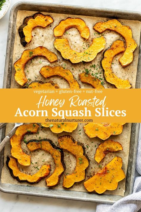 These honey roasted acorn squash slices are simple, flavorful, and have gotten rave reviews from everyone I've shared them with.  Made with just a handful of ingredients, this amazing veggie side dish easy to prep (no peeling!) and is done cooking to tender perfection in 25 minutes. How To Bake Acorn Squash, Sliced Acorn Squash Recipes, Baked Acorn Squash Slices, Easy Acorn Squash Recipes, Acorn Squash Slices, Acorn Squash Recipes Healthy, Cook Acorn Squash, Side Veggies, Acorn Squash Roasted