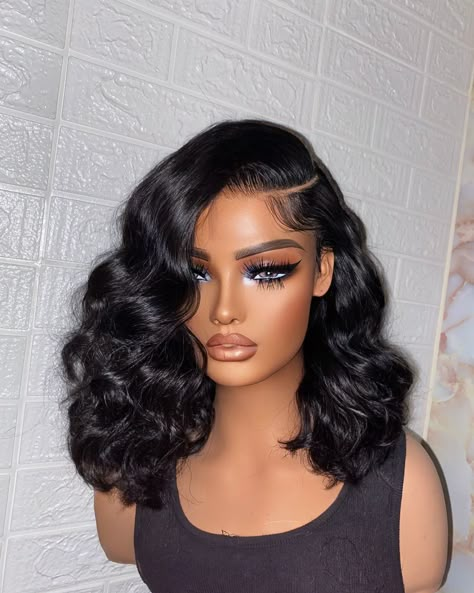 PARIS Flirty Bob JET BLACK Side Part ✨ 5x5 HD lace GLUE-LESS unit Available for purchase Hair: Raw Indian exotic deep wavy 🤎 TEXT TO ORDER: 484-475-6470 or click the link in bio for EXPRESS SHIPPING -Hair: raw Indian luxe wave with 5x5 HD closure -Size: 21”-23” circumference -Elastic Adjustable Band for glue-less wear ALL Custom signature units include: ✅Custom machine made ✅Tailored to fit clients head measurements ✅Premium Bundles & HD lace included ✅Glue-less/easy install Skip t... Jet Black Side Part, 2017 Hairstyles, Side Part Wig, 13x6 Lace Frontal Wig, Lace Glue, Frontal Wig Hairstyles, Wigs Short, Haute Hair, Brazilian Hair Bundles