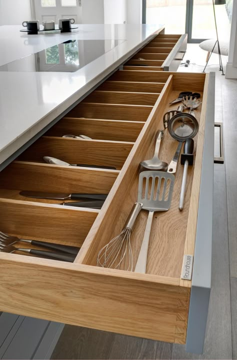 Island Drawers Organization, Kitchen Drawer Tray Dividers, Large Kitchen Drawers, Kitchen Divider, Chefs Kitchen Design, Kitchen Drawer Dividers, Cutlery Drawer, Toronto Interior Design, Kitchen Drawing