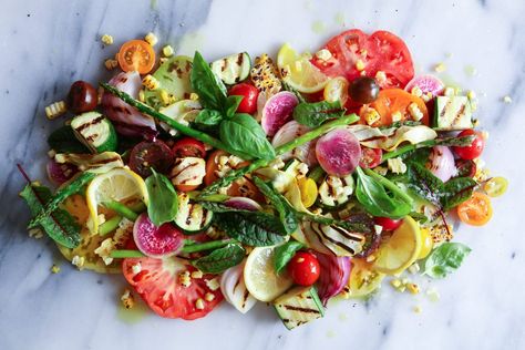 Grilled Veggie Salad, Grilled Vegetable Salad, Summer Solstice Party, Veg Salad, Solstice Party, Grilled Corn Salad, Basil Vinaigrette, Simple Salad, Summer Veggies