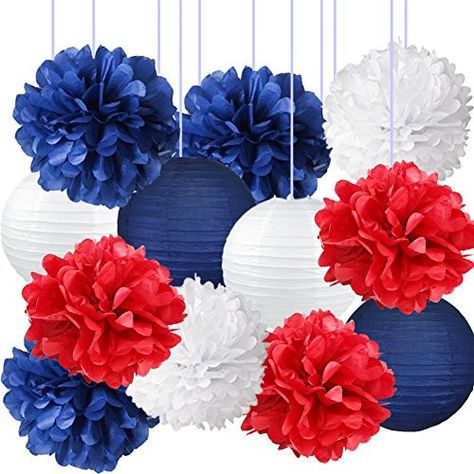 Navy Blue Party Decorations, Nautical Party Decor, Tissue Paper Lanterns, Captain America Party, White Party Decorations, Blue Party Decorations, Nautical Birthday Party, Nautical Party Decorations, America Party