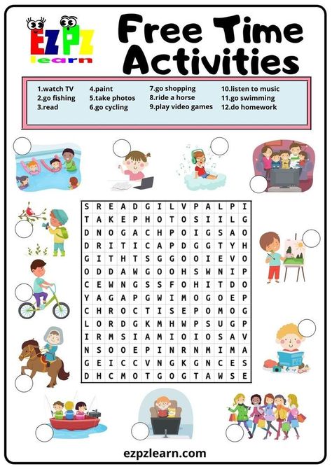 Freetime Activities Worksheet, English Learning Games, Wordsearch Worksheets, Games Worksheet, Daily Routine Worksheet, English Games For Kids, Game Worksheet, Word Puzzles For Kids, Preschool Worksheets Free Printables