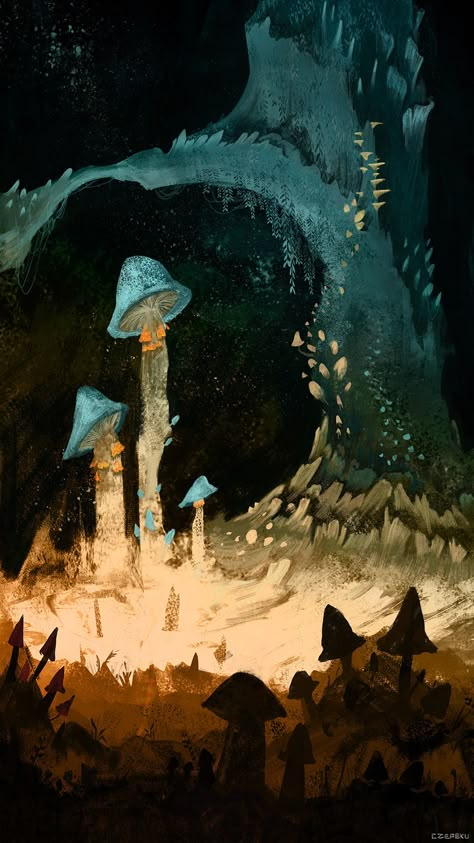 Fungi Cave, Cze Peku on ArtStation at https://www.artstation.com/artwork/L23xK5 Cave Drawing Illustration, Cave Concept Art, Fantasy Cave, Fungi Illustration, Awesome Paintings, Cave City, Fungi Art, Fairytale Forest, Cave Drawings