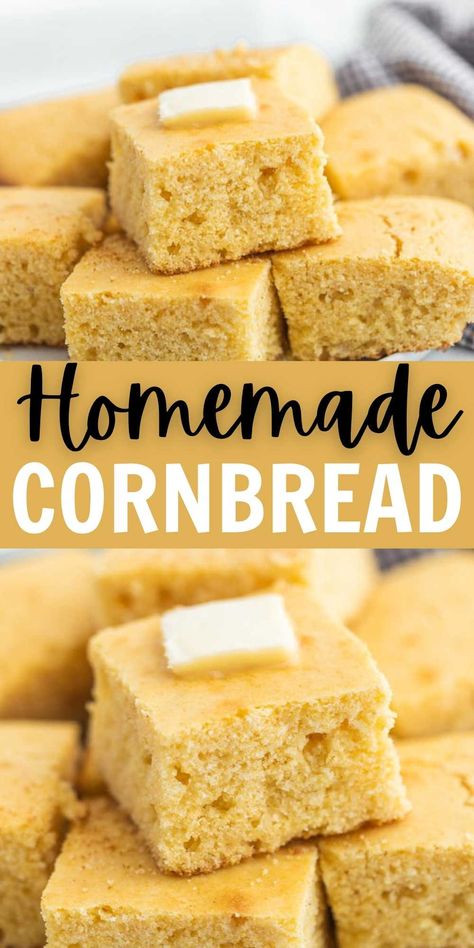 Easy Homemade Cornbread(VIDEO)- Simple Buttery Cornbread recipe Corn Meal Cornbread Easy, Non Sweet Cornbread Recipe, Homemade Cornbread Sweet, Not Sweet Cornbread Recipe, 4 Ingredient Cornbread, How To Make Southern Cornbread, Easy Homemade Cornbread Recipe, Cornbread Recipe No Cornmeal, Easy Cornmeal Recipes