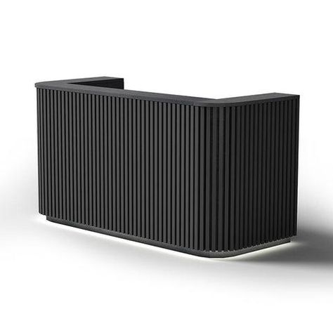 The HALO 1.8M Reception Desk reception has Black Finish with slat panels at a distance of 2.5cm and includes LED lights on the Kickboard to add a striking effect. #furniture #furnituredesign #furnitures #decor #homedecor #homedecoration #seating #cabinet #desk #lighting #bed #shelves #decoration #outdoorfurniture #dining #mirror #clocks #receptionfurniture #furnituredecor #replicafurniture #livingroom #sofa #diningroom #bedroom #rugs #kidsroom #plantpots #arts #homeoffice #walldecals #table Modern Lobby Interior, Black Reception Desk, Black Modern Furniture, Office Reception Table Design, Front Desk Design, Small Reception Desk, Strong Branding, Modern Lobby, Reception Table Design