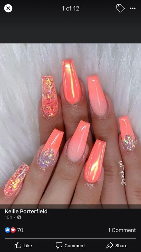 Peach Acrylic Nails, Orange Nail, Ombre Acrylic Nails, Glamorous Nails, Nail Styles, Summer Acrylic Nails, Nail Designs Glitter, Pink Acrylic Nails, Summer Color