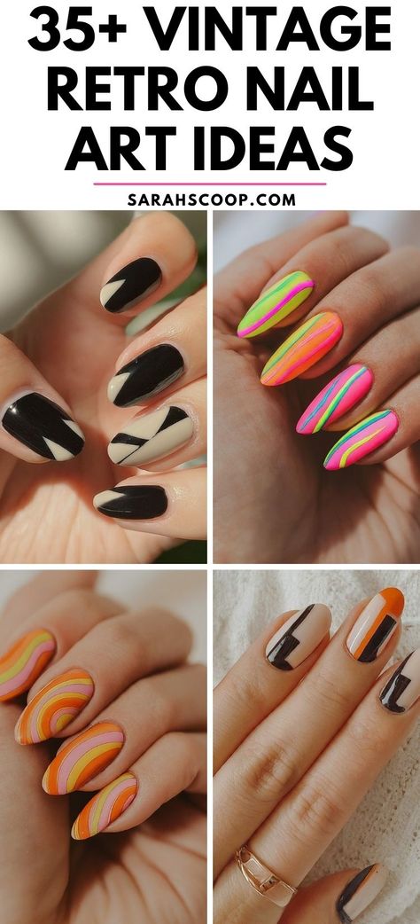 Add a touch of nostalgia to your nails with these vintage retro-style nail art designs. With over 35 unique ideas, you're sure to find something that will take you back in time. #VintageNailArt #RetroNails #NailArtIdeas 60s Nail Art Retro, 70’s Nail Designs, Rockabilly Nails Designs, Mid Century Nails, Retro Nail Art Vintage, Disco Nails 70s, 80’s Nails, 70’s Nails, Vintage Nails Design Retro