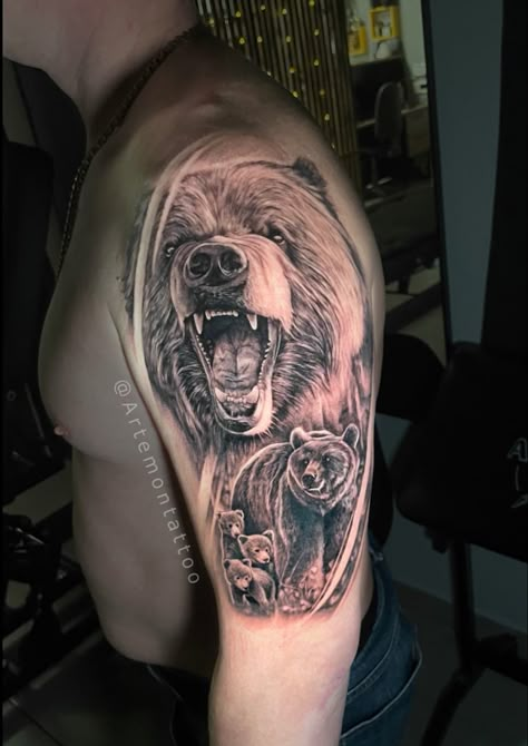 Bear Family Tattoo, Papa Bear Tattoo, Baby Bear Tattoo, Grizzly Bear Tattoos, Mountain Tattoos, Bear Tattoos, Inspiration Tattoo, Sleeve Ideas, Bear Tattoo