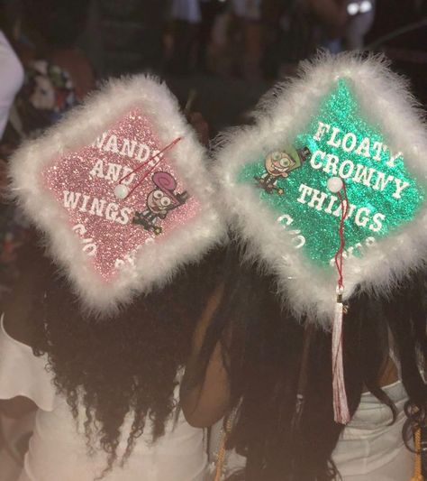 absolutely love these fairly oddparents themed grad caps perfect for friends, twins, or anyone else! ★·.·´¯`·.·★ follow @motivation2study for daily inspiration Funny Graduation Cap Decoration, Cap Decoration Graduation, Funny Graduation Caps, Creative Graduation Caps, College Grad Cap Ideas, Graduation Cap Decoration Diy, High School Graduation Cap, Fairly Oddparents, College Graduation Cap Decoration