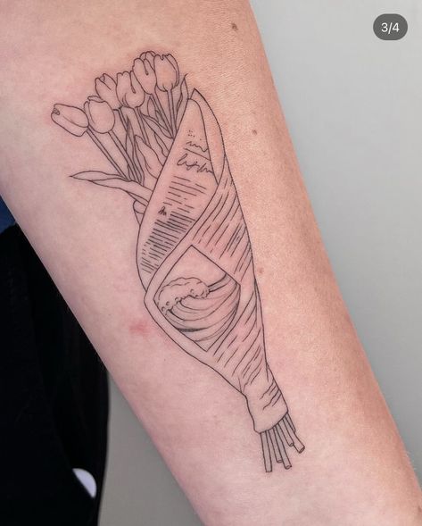 Thigh Into Hip Tattoo, Phrase Tattoos Placement Arm, White And Black Ink Tattoo, Trader Joes Tattoo, Medium Floral Tattoo, Framed Flowers Tattoo, Boxed In Tattoos, Horizontal Arm Tattoo, Made New Tattoo