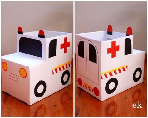 a is for ambulance cardboard truck Ambulance Craft, Cardboard Truck, Cardboard Box Car, Cardboard Construction, Truck Crafts, Cardboard Car, Cardboard Box Crafts, Cardboard Toys, Transportation Theme