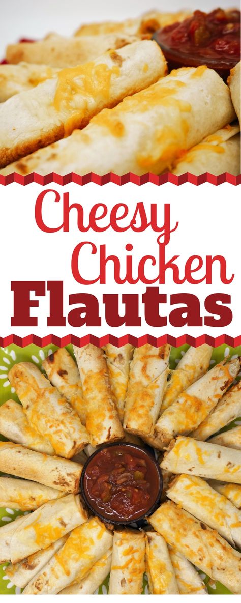 Baked Cheesy Chicken Flautas are great easy recipe for your next Mexican Fiesta. They bring loads of flavor with just a few ingredients. So simple but super delicious. | Chicken Flautas | How to Make Chicken Flautas | Chicken Flauta Party Ring | Mexican Flautas | Chicken Flautas with Cream Cheese | Chicken Flautas with Burrito sized Tortillas | Oven Baked Chicken Flautas | Cinco de Mayo Recipes | #Flautas #MexicanFlautas #ChickenFlautas #CincoDeMayo #PartyFoods Chicken Cheese Tortillas, Chicken And Cheese Flautas, How To Make Flautas Chicken, Chicken Flauta, Baked Chicken Flautas, Mexican Flautas, Baked Cheesy Chicken, Flautas Recipe, Cinco De Mayo Recipes