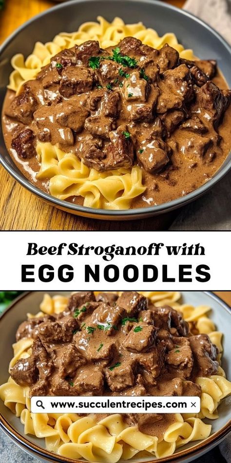 Whip up this Quick Beef Stroganoff with Egg Noodles for a delicious and satisfying dinner! Savory beef in a creamy sauce served over egg noodles is the ultimate weeknight meal. Egg Noodles And Beef Recipes, Creamy Beef Tips With Egg Noodles, Reames Egg Noodle Recipes Beef, Authentic Russian Beef Stroganoff, Beef Stroganoff With Egg Noodles, Egg Noodle Dishes Recipes, Beef And Noodles With Leftover Roast, Dinner Ideas With Egg Noodles, Steak And Egg Noodles