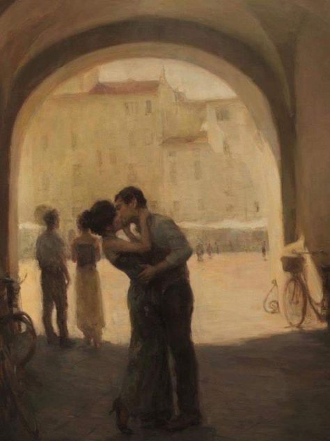 "A Kiss in a Far Away Place" - by Ron Hicks Romance Arte, Ron Hicks, Fabian Perez, Art Amour, Romance Art, Soyut Sanat Tabloları, 수채화 그림, Romantic Art, Ethereal Art