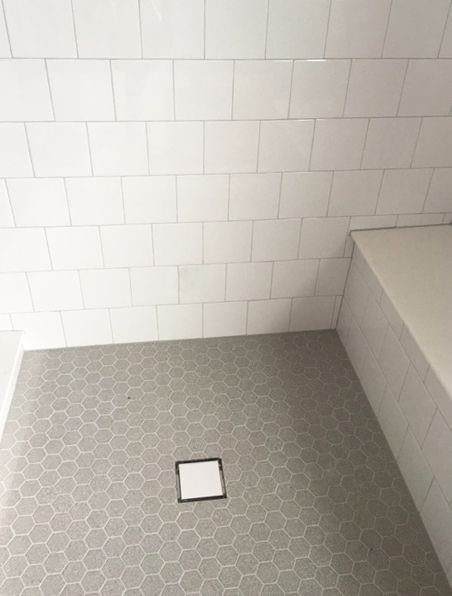 Gray Shower Floor Tile Ideas, 6x6 White Tile Bathroom Shower Walls, Gray Hexagon Shower Floor, Grey Hexagon Shower Floor, Gray Hexagon Tile Shower Floor, White Shower Gray Floor, White Square Tile Shower Wall, Gray Tile Shower Floor, 6x6 Shower Tile