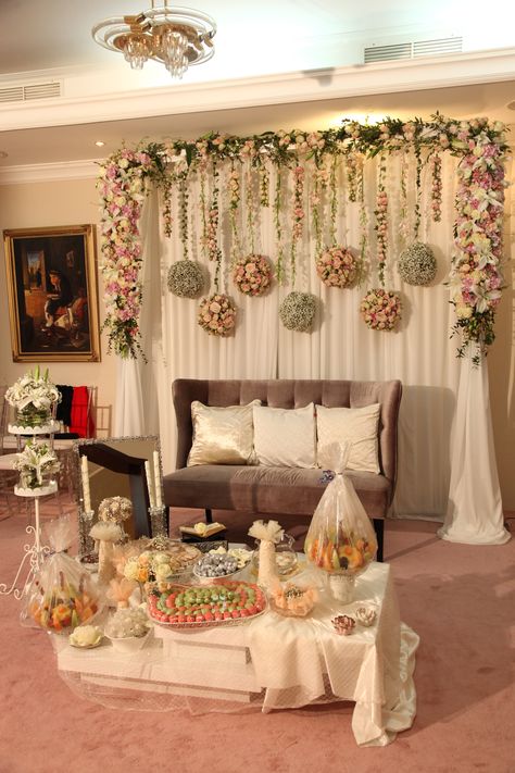 small, cosy engagement in a house backdrop. sofraaghd #engagement #stage #aghd #sofreh #wedding #decoration #backdrop #pastel Engagement Stage Decoration, Nikah Decor, Decoration Evenementielle, Simple Wedding Decorations, Marriage Decoration, Desi Wedding Decor, Mehndi Decor, Wedding Backdrop Decorations, Wedding Design Decoration