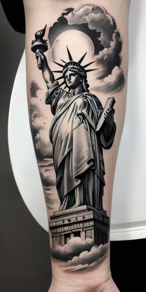 Statue of Liberty TATTOO DESIGN Liberty Statue Tattoo, Statue Of Liberty Tattoo Design, Jett Tattoo, Lady Liberty Tattoo, Black Work Flash, Liberty Tattoo Design, Statue Of Liberty Drawing, Statue Of Liberty Tattoo, Justice Tattoo