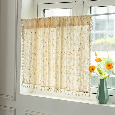 Short Curtain Rods, Living Room Bay Window, Ivory Curtains, Half Curtains, Rustic Window, Tier Curtains, Tassel Curtains, Short Curtains, Floral Curtains