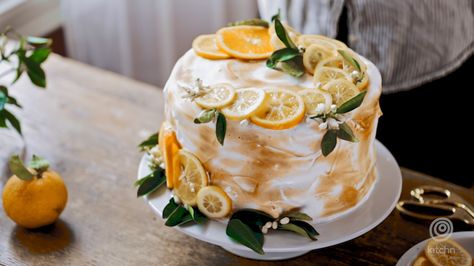 Torched Desserts, Novelty Desserts, Meringue Layer Cake, Lemon Meringue Cake, Cake Video, Meringue Cake, Impressive Desserts, Dried Lemon, Meringue Pie