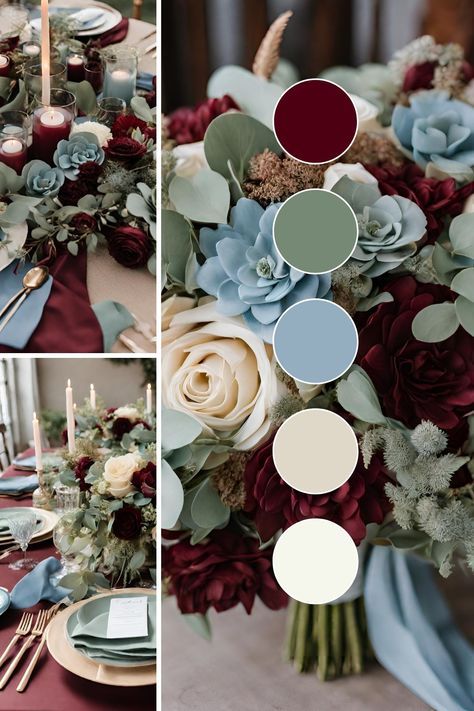 Rustic navy and orange wedding colors. Most Beautiful Wedding Colors, Burgundy Spring Wedding Color Schemes, Burgundy Blue Green Color Palette, Dusty Blue Burgundy And Sage Wedding, Wedding Color Schemes For August, Fall Wedding Theme Ideas Decor, Fall Winter Wedding Colors, Fall Wedding Color Palette Navy, Bridgerton Wedding Color Palette