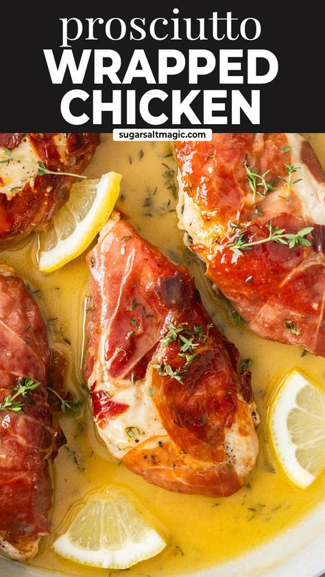 These prosciutto wrapped chicken breasts are so easy to make and served with a lemon butter sauce. Easy for weeknight but special enough for entertaining. Chicken Prosciutto Recipes, Prosciutto Chicken, Prosciutto Wrapped Chicken Breast, Chicken Saltimbocca Recipe, Chicken With Prosciutto, Saltimbocca Recipe, Prosciutto Wrapped Chicken, Baked Chicken Breasts, Prosciutto Recipes