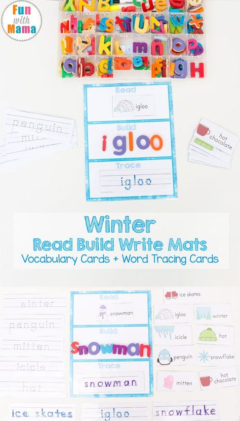 These free printable winter read build write mats are great for literacy centers, word work, learning sight words, spelling and reading skills. We love fun hands on learning activities and products that actually help kids improve their test scores and are easy to use. #spellinggames #winteractivites #freeliteracycenter Hands On Learning Activities, Winter Printables, Learning Sight Words, Fine Motor Activities For Kids, Spelling Games, Theme Activities, Literacy Games, Kids Literacy, Winter Reads