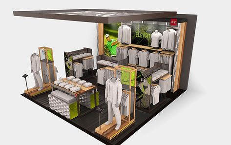 Under Armour category shop concepts on Behance Retail Booth Design, Luggage Branding, Window Branding, Small Booth Design, Retail Kiosk, Outdoor Landscape Design, Window Brands, Store Shelves Design, Clothing Store Displays