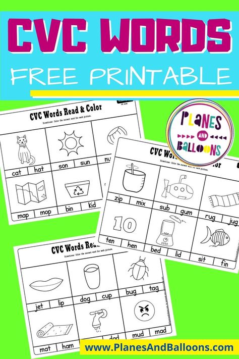 Free printable CVC words worksheets for kindergarten - with pictures! Read the words and color the matching one. #kindergarten #planesandballoons Cvc Word Activities Free Printable Kindergarten, Free Printable Cvc Worksheets, Kindergarten Cvc Worksheets Free, Cvc Words With Pictures Free Printable, Free Cvc Worksheets For Kindergarten, Cvc Words Kindergarten Free Printable, Cvc Worksheets Free Printable, Cvc Words Worksheets Free Printable, Cvc Word Activities Free Printable