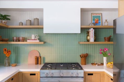 A Townhouse Kitchen with Builder-Grade Features Gets a Fresh Makeover Zia Tile, Builder Grade Kitchen, Tiles Floor, Ceramic Subway Tile, White Backsplash, Retro Beach, Small Kitchens, Encaustic Cement Tile, Zellige Tile