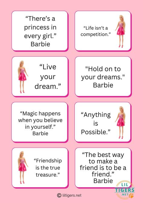 Free Printable Barbie Lunch Notes Barbie Sign Printable, Barbie Movie Printable, Barbie Day Activities, Barbie Doll Captions For Instagram, Barbie Names Ideas, Barbie Motivational Quotes, Barbie Theme Activities, Diy Barbie Party Decorations Free Printable, Barbie 2023 Quotes