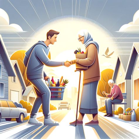 A modern-day act of compassion, showing an individual helping an elderly neighbor with groceries. The scene is set in a friendly neighborhood, symbolizing community service and everyday kindness. The image conveys warmth, with a bright, welcoming atmosphere, illustrating the importance of compassion in contemporary life. Compassion Images, Compassion Art, Act Of Service, Selfless Service, Acts Of Service, Big Hearts, You Can Be Anything, Wow Art, Helping Other People