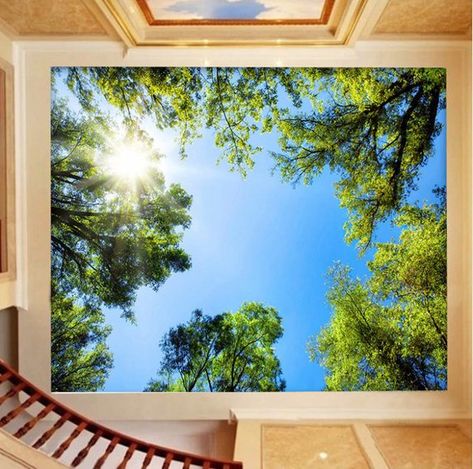 Green Large Trees 3D Ceiling - Tree 3D Wallpaper - 3D Ceiling Mural - 3D Fabric Mural - 3D Ceiling W Sky Ceiling Mural, Forest Hotel, Ceiling Mural, Cloud Ceiling, Sky Ceiling, Custom Photo Wallpaper, Ceiling Wallpaper, Wallpaper For Wall, Wallpaper Landscape