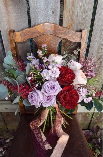 Lavender and red bouquet by Flowers by Janie Red And Purple Bridal Shower Ideas, Lavender Red Wedding, Red White Purple Flowers, Red Lavender Wedding, Lavender Burgandy Wedding, Maroon And Lavender Wedding, Lavender And Red Color Palette, Lavender And Burgundy Wedding, Red And Lilac Wedding