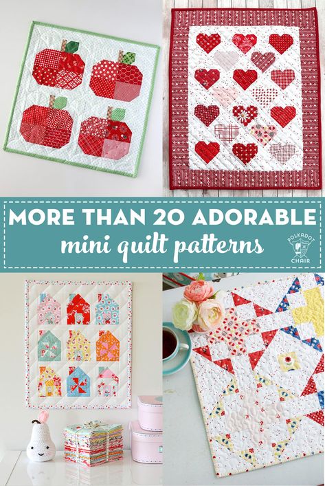 More than 20 cute mini quilt patterns. Most of them are free. #quilting #miniquilts Mini Quilts Patterns Free, Free Mini Quilt Patterns, Quilt Patterns Beginner, Free Baby Quilt Patterns, Small Quilt Projects, Spool Quilt, Alphabet Quilt, Beginner Quilt, Doll Quilts