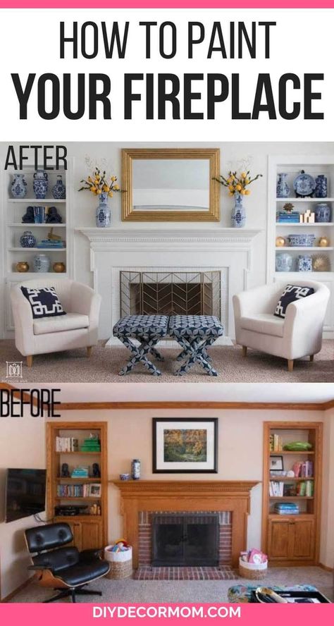 Faux Stone Paint, Paint Brick Fireplace, Paint Brick Fireplace White, Brick Fireplace White, How To Paint Brick, Painting Wood Trim, Paint Brick, Wood Fireplace Surrounds, Fireplace White