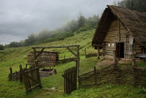 Old European culture: Log cabin. The Havránok hill fort was an important religious, economic, and political center of the Púchov culture (300 BCE - 180 CE), in which the dominant Celtic tribe of Cotini mingled with the older people of the Lusatian (Pomeranian) culture. Viking House, Medieval Aesthetic, European Culture, Fantasy Places, Fantasy Setting, High Fantasy, Medieval Fantasy, Middle Ages, Fantasy World