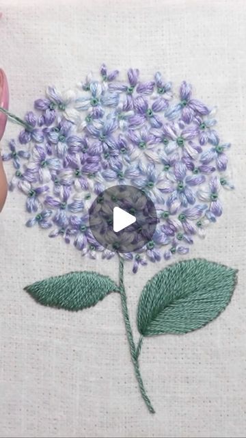 Hand Embroidered Hydrangeas, Embroidery Hydrangea Flower, Embroidered Hydrangea Flower, Lilac Embroidery Designs, Hydrangea Embroidery Pattern, Cross Stitch Videos, Embroidery Template Modern, Embroidered Flowers Tutorial, Embroidered Flowers Simple