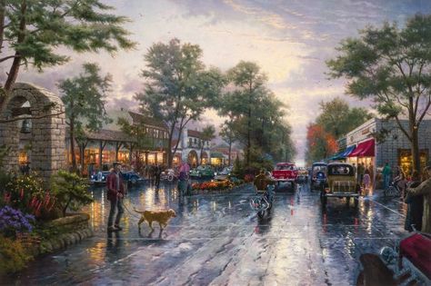 Created in 1999, “Carmel, Sunset on Ocean Avenue” is a follow up to his painting of a similar title. In the previous artwork, the small beach city (known for its charming cottages) was depicted on a rainy afternoon. As soon as Kinkade finished it, he knew he had to capture the spirit of the city once again, only this time with a radiant California sunset. Painting In Room, Sunset On Ocean, Thomas Kinkade Paintings, Kinkade Paintings, Wall Canvas Painting, Thomas Kinkade, City Landscape, Wall Art Pictures, Street Scenes