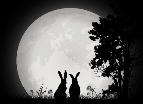 rabbit silhouette with full moon Moon Silhouette Art, Rabbit Moon Art, Moon Silhouette Tattoo, Rabbit In The Moon, Full Moon Art, Forest Abstract, Rabbit Silhouette, Moon Rabbit, Moonlight Photography