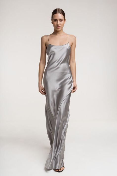 Long Silver Dress, Silver Silk Dress, Silver Satin Dress, Talking Stage, Grey Satin Dress, Silver Maxi Dress, Grey Silk Dress, Long Silk Dress, Carrie Dress